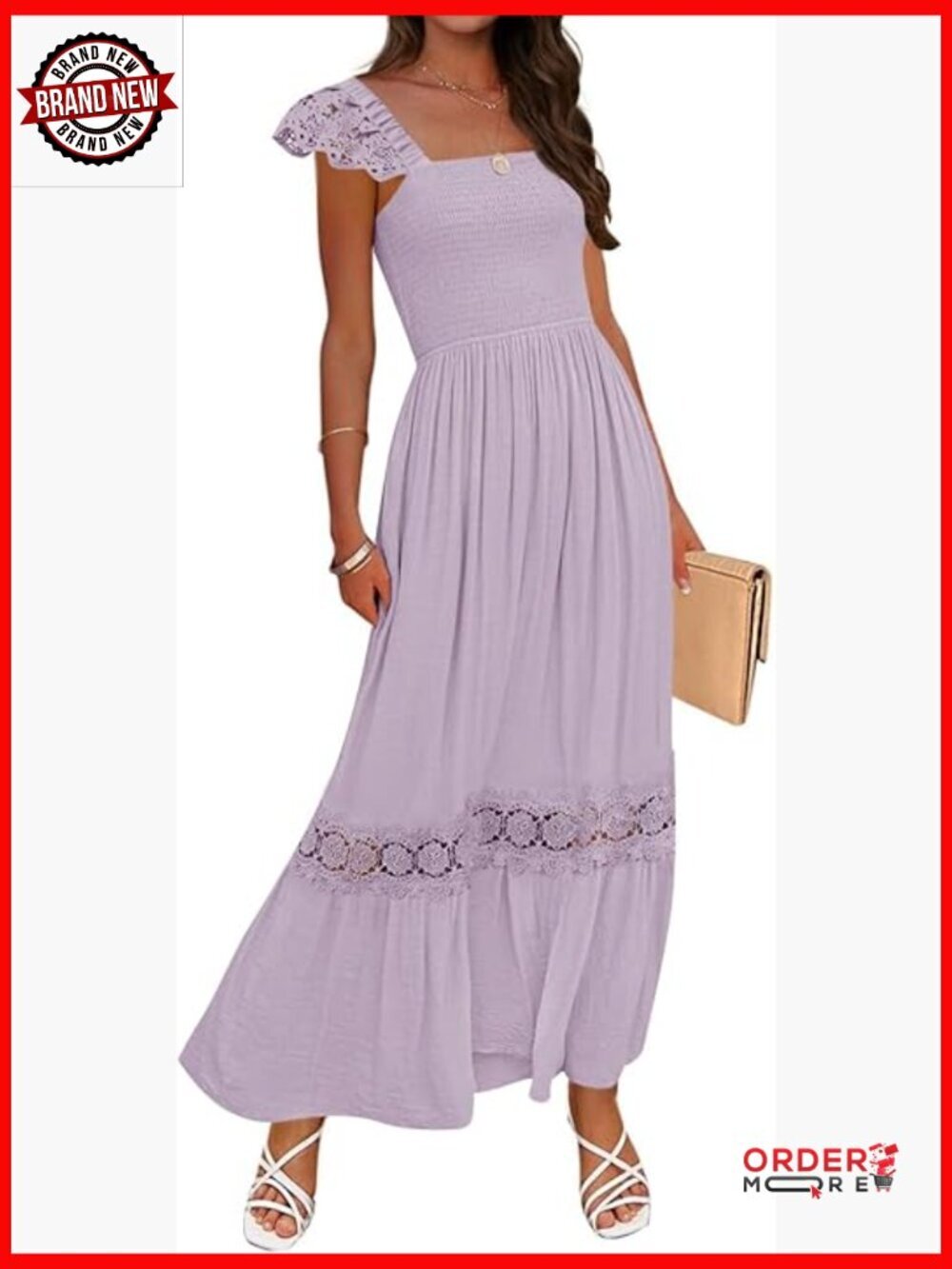 Sleeveless Square Neck Smocked High Waist Flowy Lace Maxi Dress